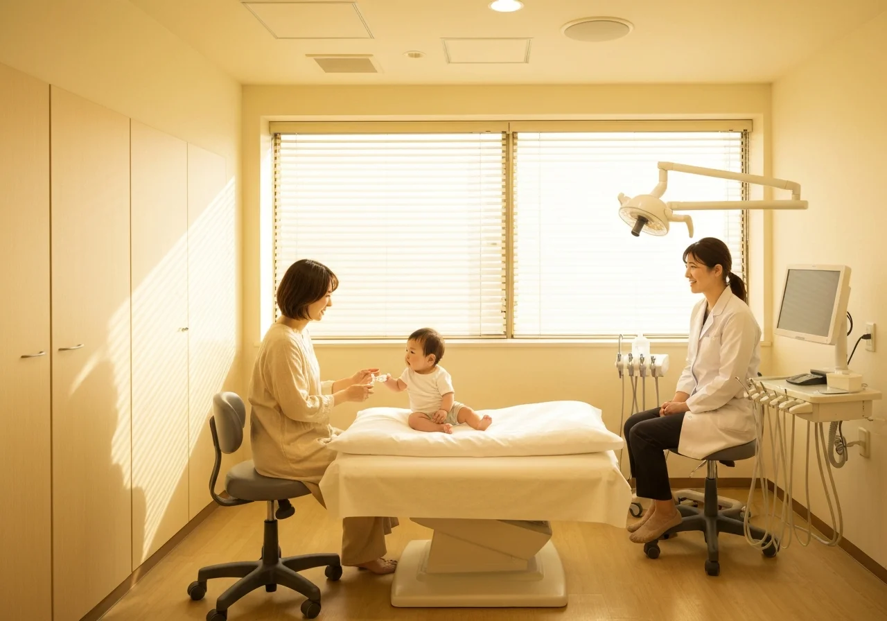 母子手帳と予診票が並ぶ受付カウンターの手元